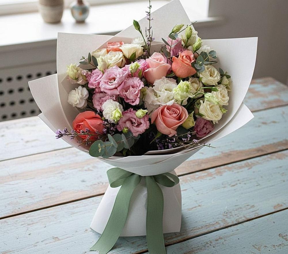 Букет цветов из: Розы, Лизиантусы и Гвоздики в Западной Двине