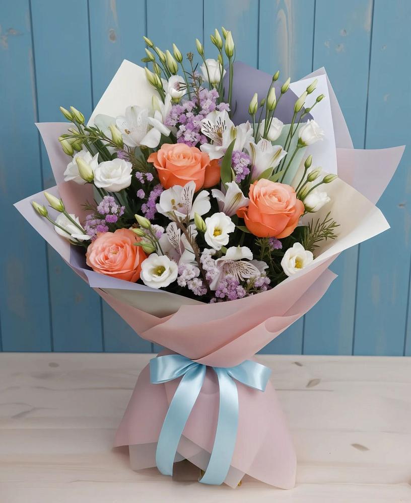 Букет цветов из: Лизиантусы, Розы, Альстромерии и Гипсофила в Западной Двине