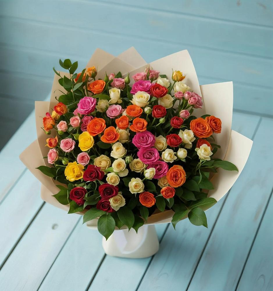 Букет Микс из разноцветных кустовых роз в Западной Двине